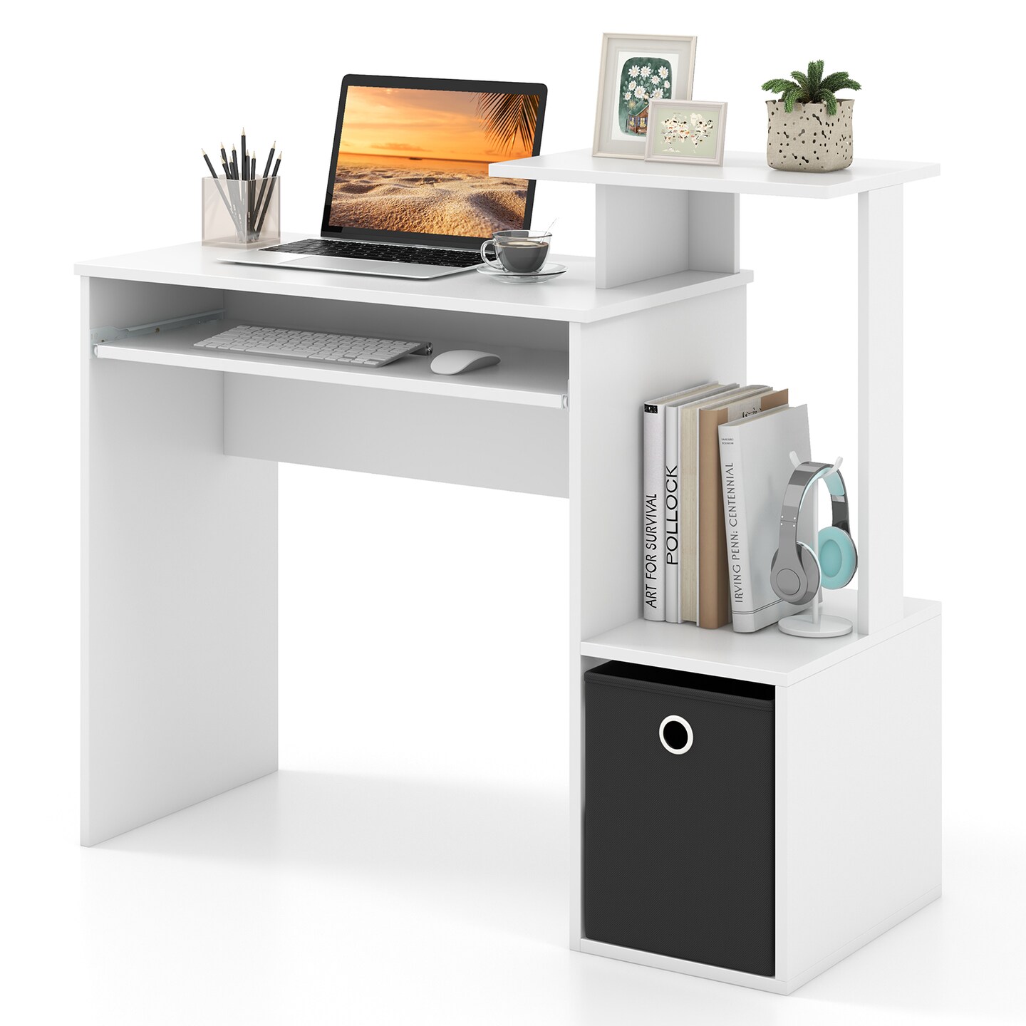 Space-saving Computer Desk with Pull-out Keyboard Tray