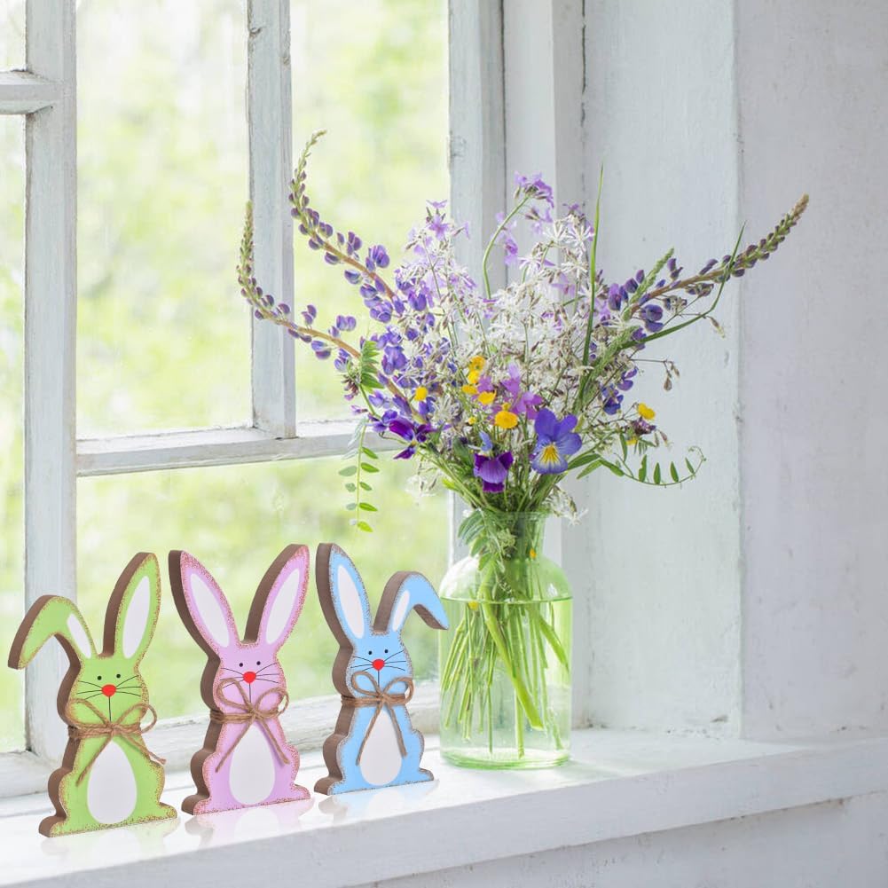 Easter Decorations for Home, 3PCs Easter Bunny Table Decor, Natural Wooden Easter Centerpiece Signs