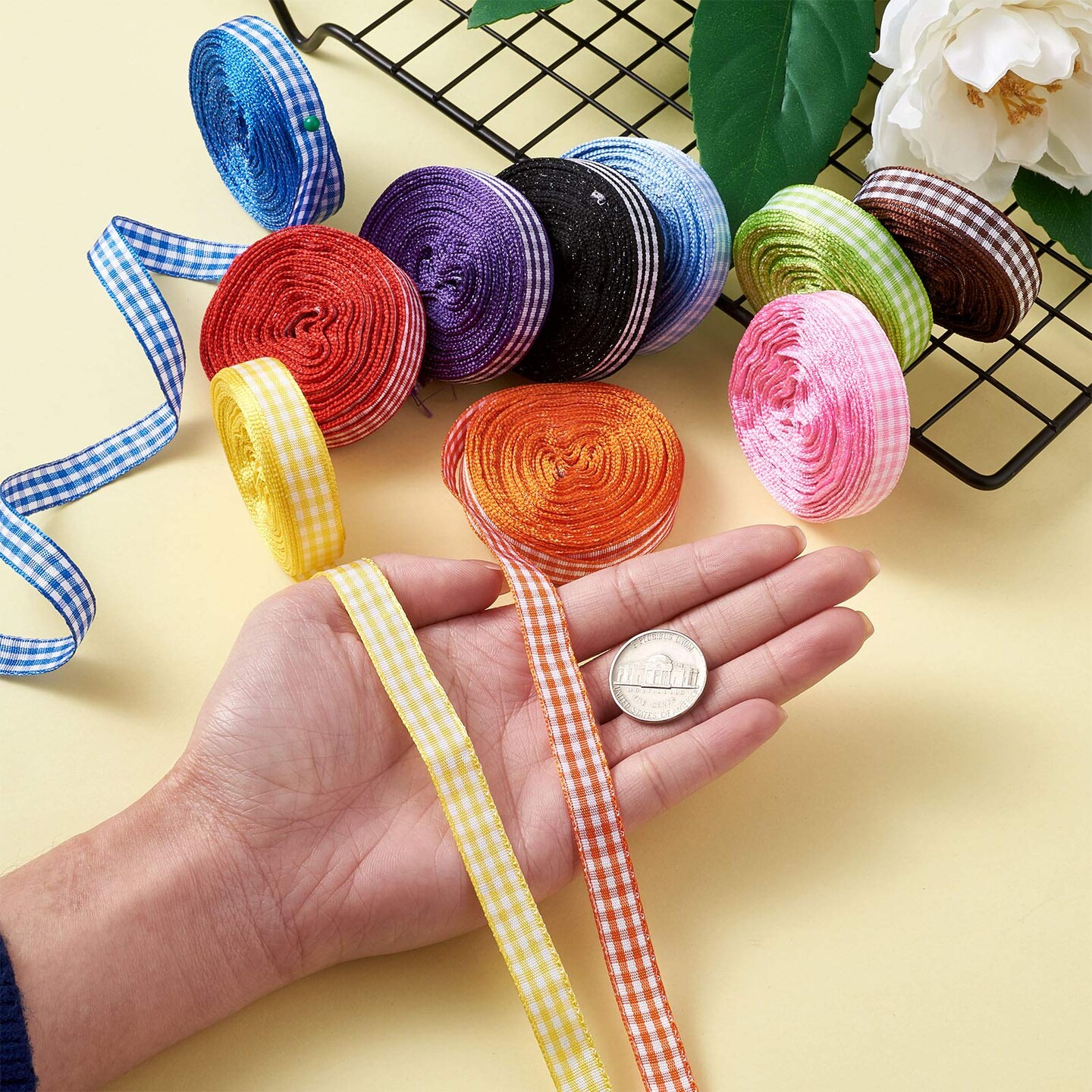 10 Rolls Gingham Checked Polyester Ribbon 3/8 Inch Plaid Tartan Fabric Craft Ribbon Roll for Hair Accessories Craft Wrapping Party Decorations (10 Yards/Roll)