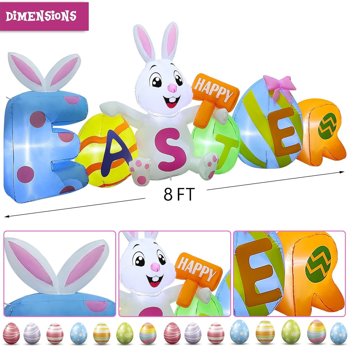 8FT L Easter Inflatable Yard Decoration, Lighted Blow Up Bunny Sitting with Easter Eggs, Light Up Air Blown Rabbit Happy Easter for Spring Holiday Lawn Garden Indoor Outdoor Decors