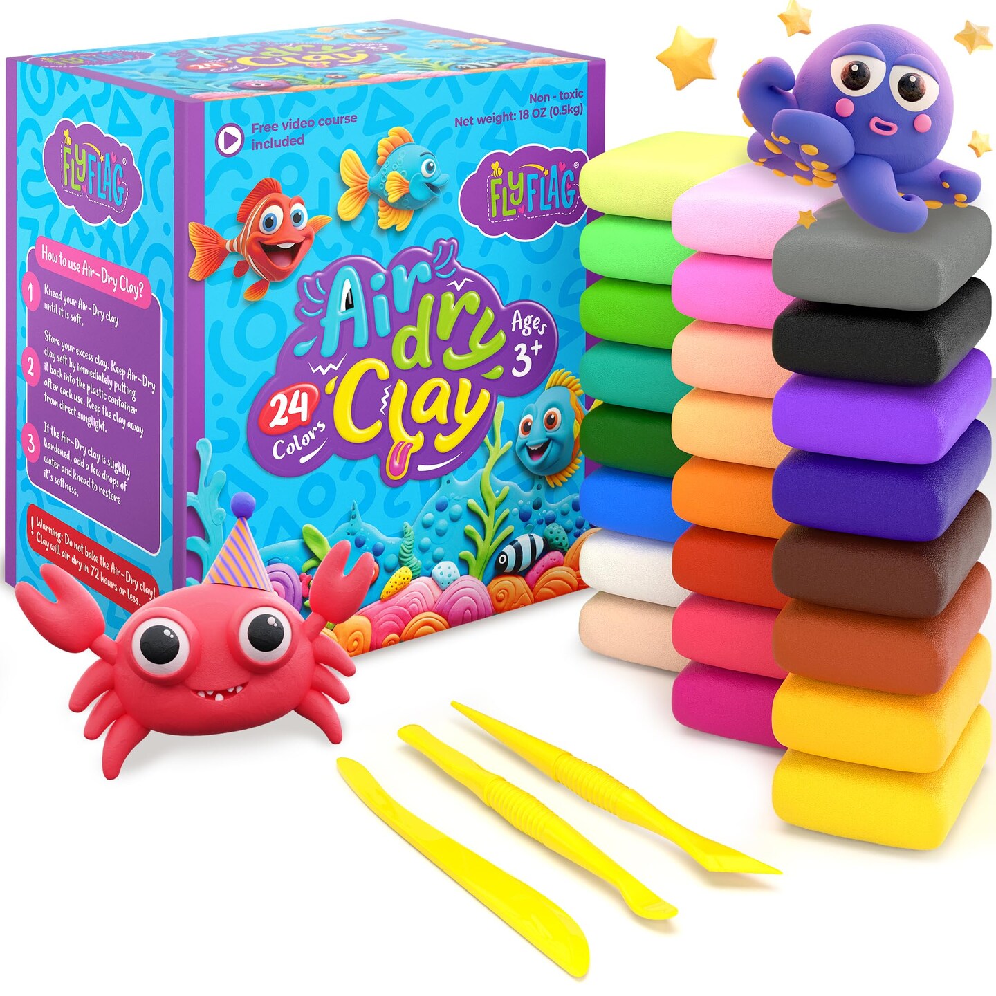 FlyFlag Air Dry Clay Kit - 24 Colors, Soft &#x26; Ultra Light, Modeling Clay for Kids with Accessories, Tools and Tutorials