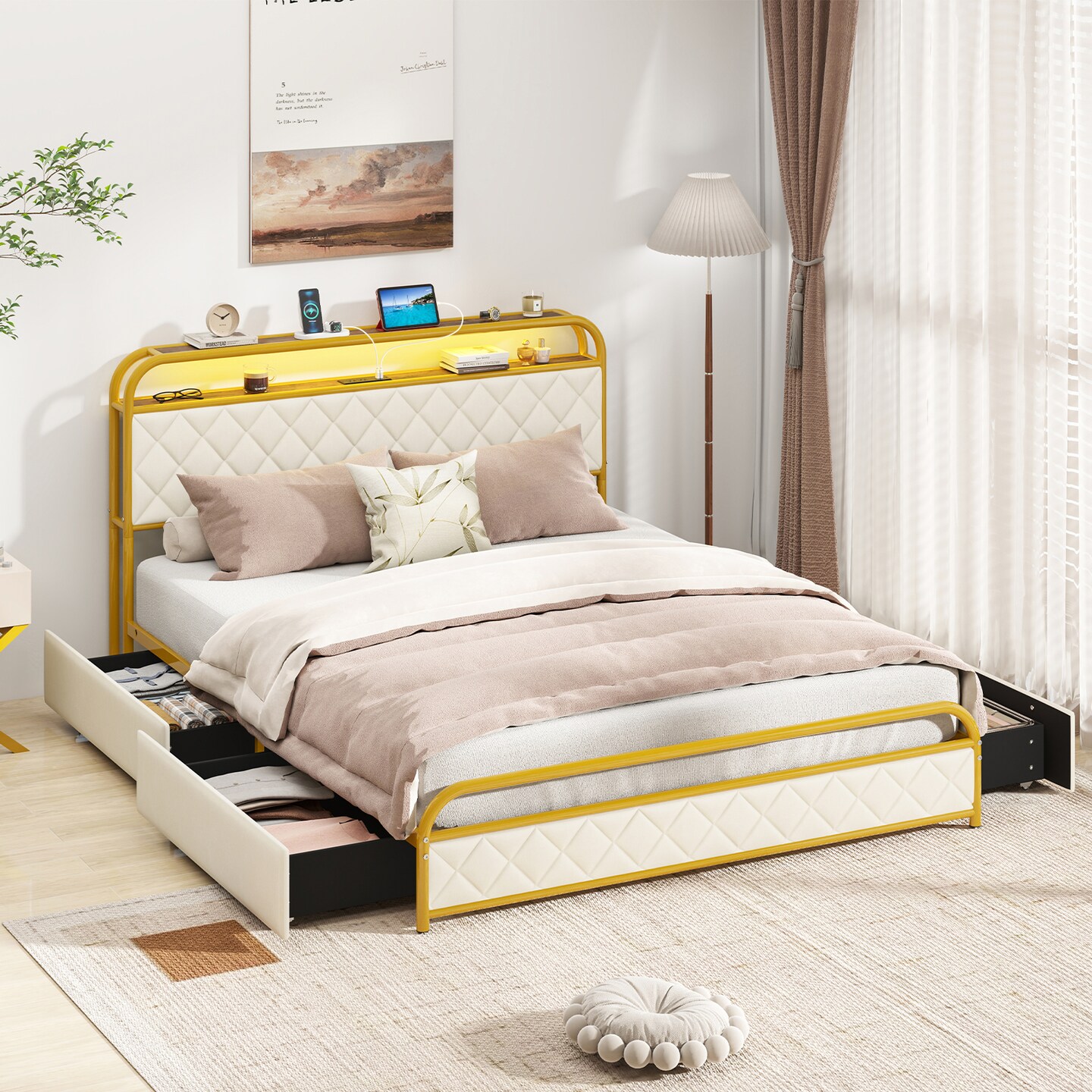 Bed Frame with LED Lights and Charging Station Gold