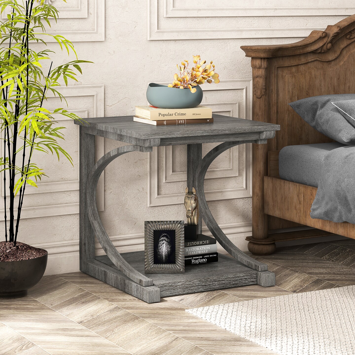 Black Metal Wood 24 Inch C-Shaped 2-Tier Square End Table Sofa Side Table - Grey