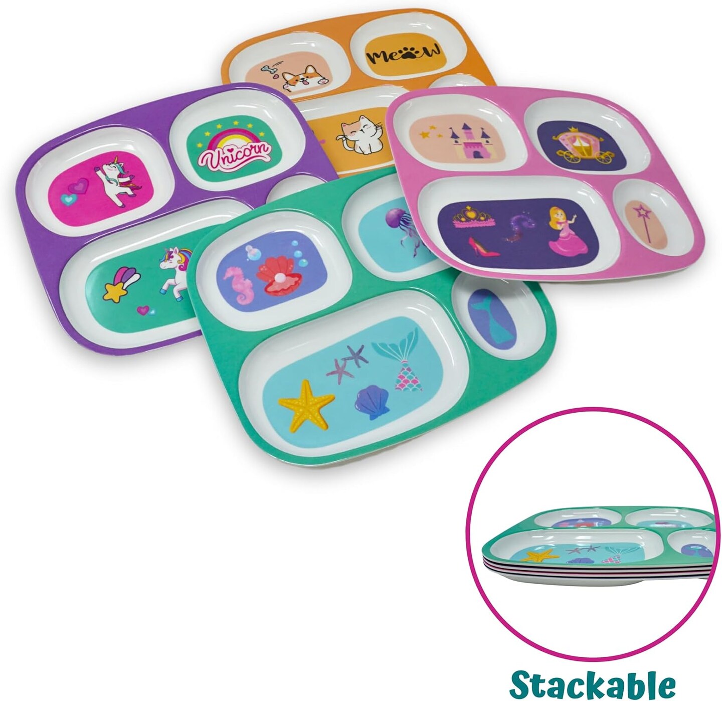 4E’s Novelty Kids Melamine Dinner Plates Set of 4 for Girls – Divided Plates for Picky Eaters, BPA-Free, Princess, Unicorn, Cat & Sea Life Toddler Plates