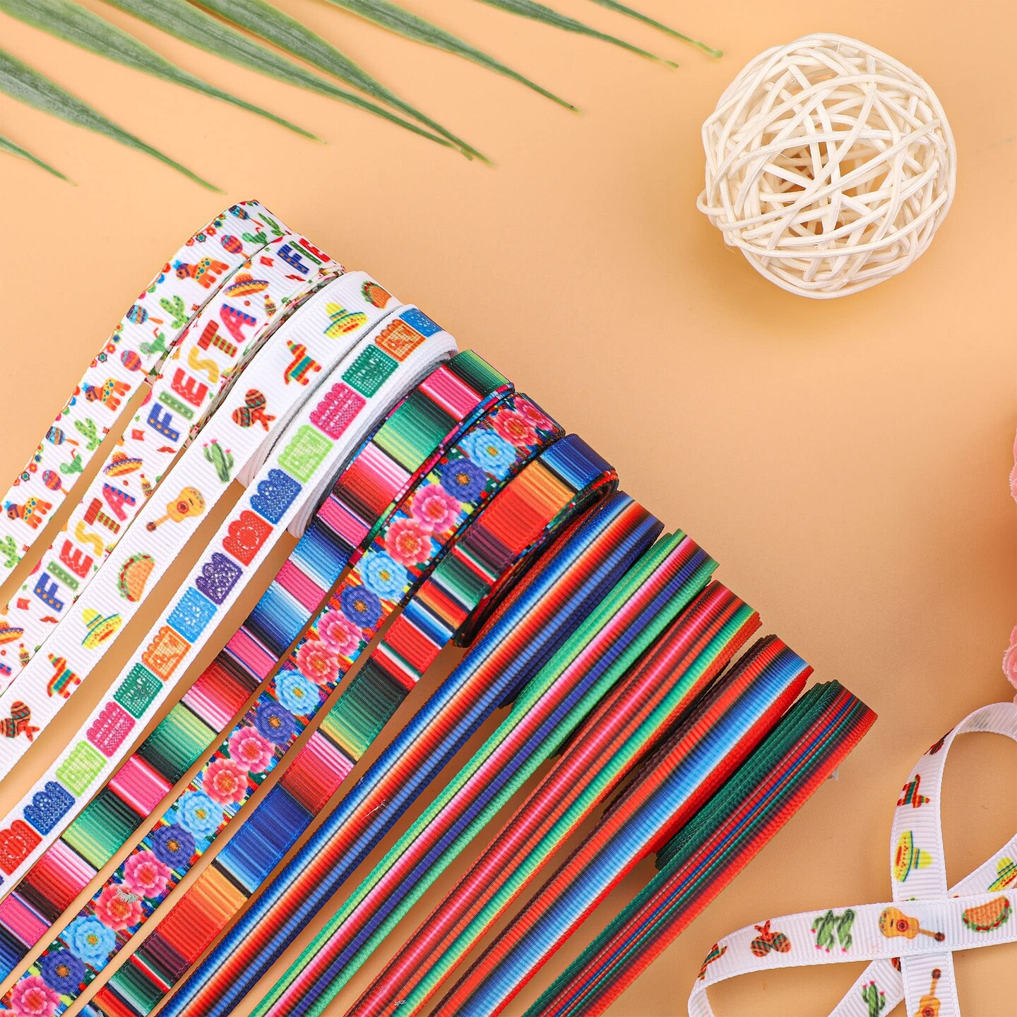 12 Rolls Fiesta Ribbon 3/8 Inch Mexican Serape Grosgrain Ribbons Colorful Stripes Pinata Cactus Guitar Decorative Ribbon for Cinco De Mayo Fiesta Party Mexican Theme Party Events, 60 Yards