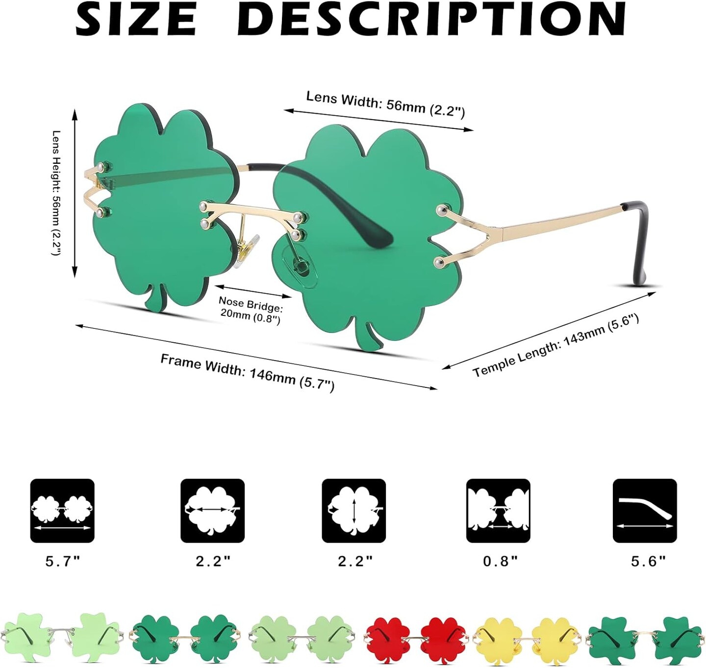 St. Patrick&#x2019;s Day Green Sunglasses Irish Shamrock Four Leaf Clover Green Lens Shades Costume Party Glasses(Four Leaf Green)