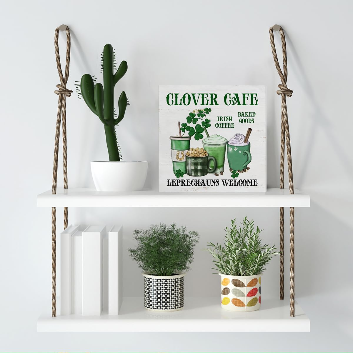 Coffee Decor, St. Patricks Day Decor Clover Cafe Wooden Sign St Patricks Day Decorations Home Kitchen Decor for Desk Table Shelf 5 x 5 Inches, Irish Coffee Decor