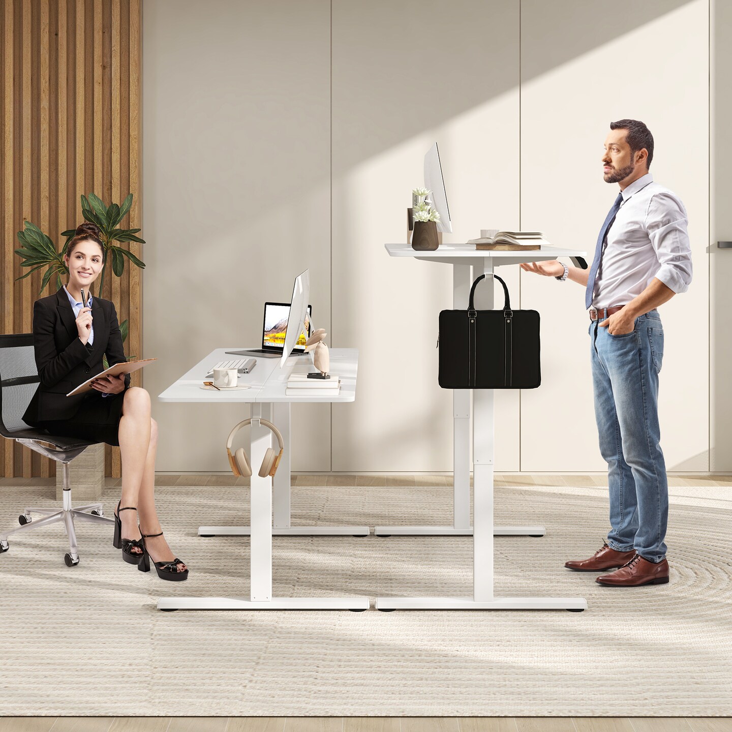White Electric Standing Desk with 3 Memory Heights and 2 Hanging Hooks and Cable Holes