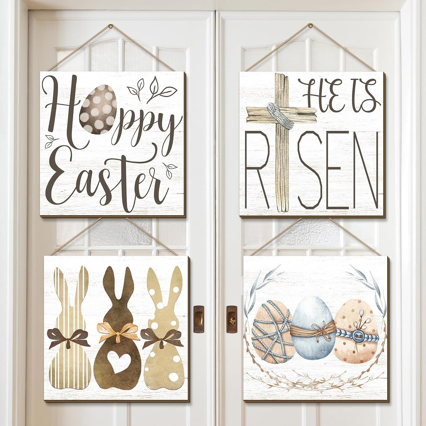 4 Pcs Easter Wall Decor He Is Risen Door Sign Bunny Egg Wood Wall Hanging Plaque Rustic Easter Welcome Door Sign Farmhouse Easter Wall Pediments Decorations for Easter Home Front Door Decor
