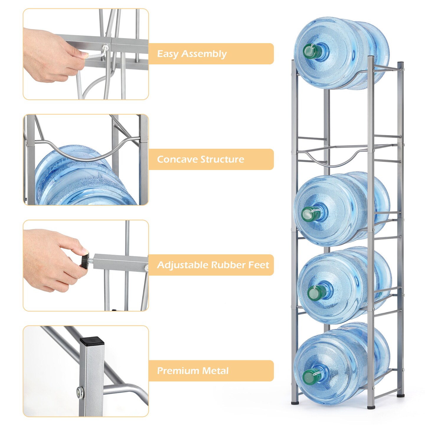 Silver 5 Gallon Water Jug Rack, 5-Tier Water Bottle Holder Storage Rack, Water Jug Organizer for Kitchen, Office, Garage