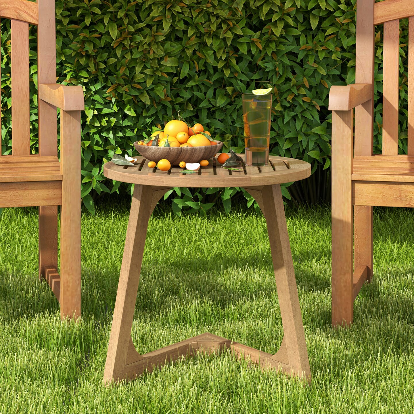 Teak Wood Side Table Round Sofa End Table with Slatted Tabletop