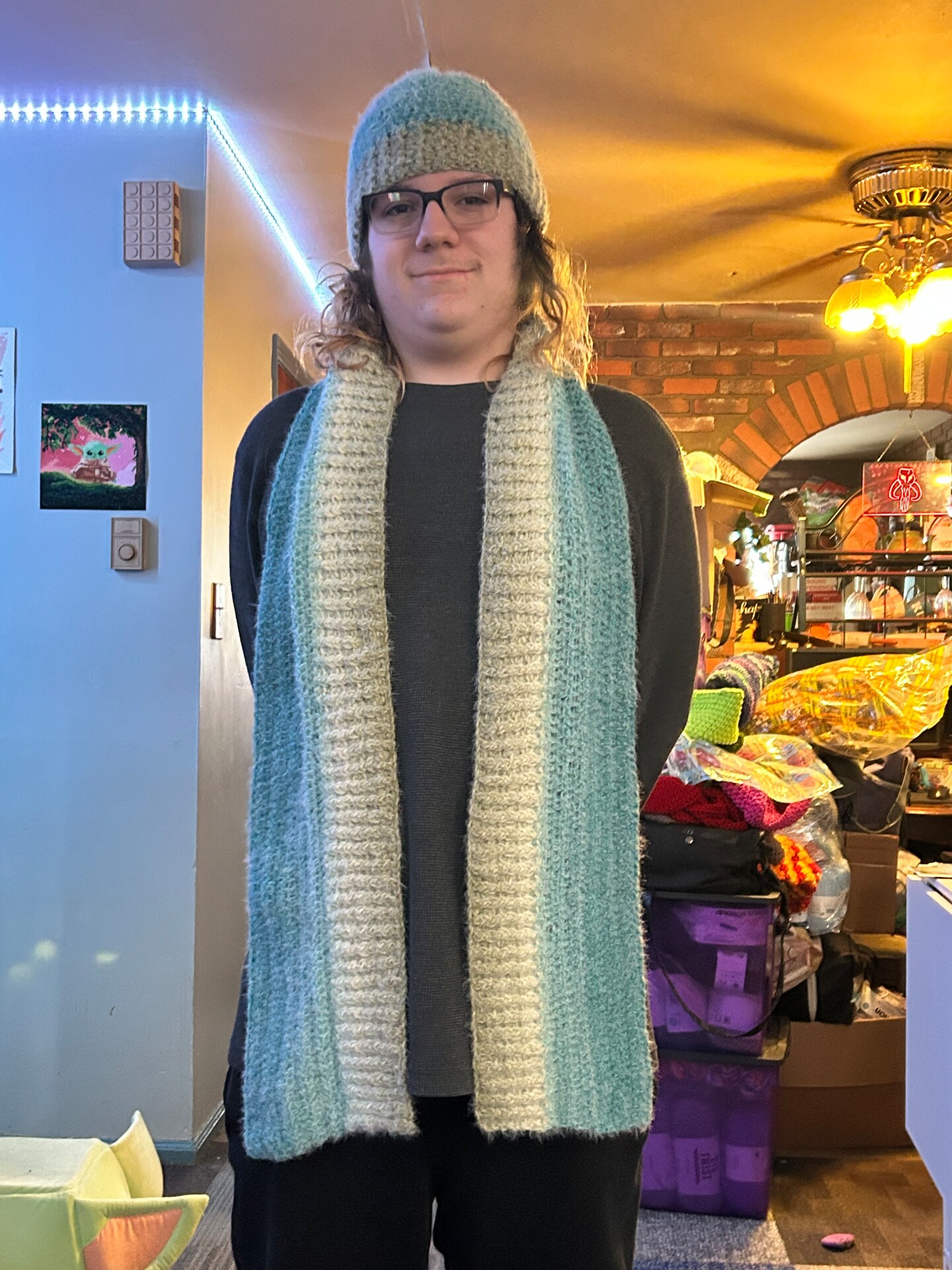 Ombre blue scarf and hat set.  Warm, Cozy, Unique Knit Beanie Autumn Winter Hats Scarf Set for Women,Gradient  main image 2