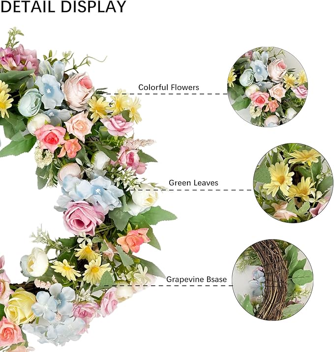 16'' Spring Wreath - Artificial Summer Wreath for Front Door - Flower Wreath with Rose and Hydrangea - Floral Wreath for All Seasons Door Wall Window Festival Farmhouse