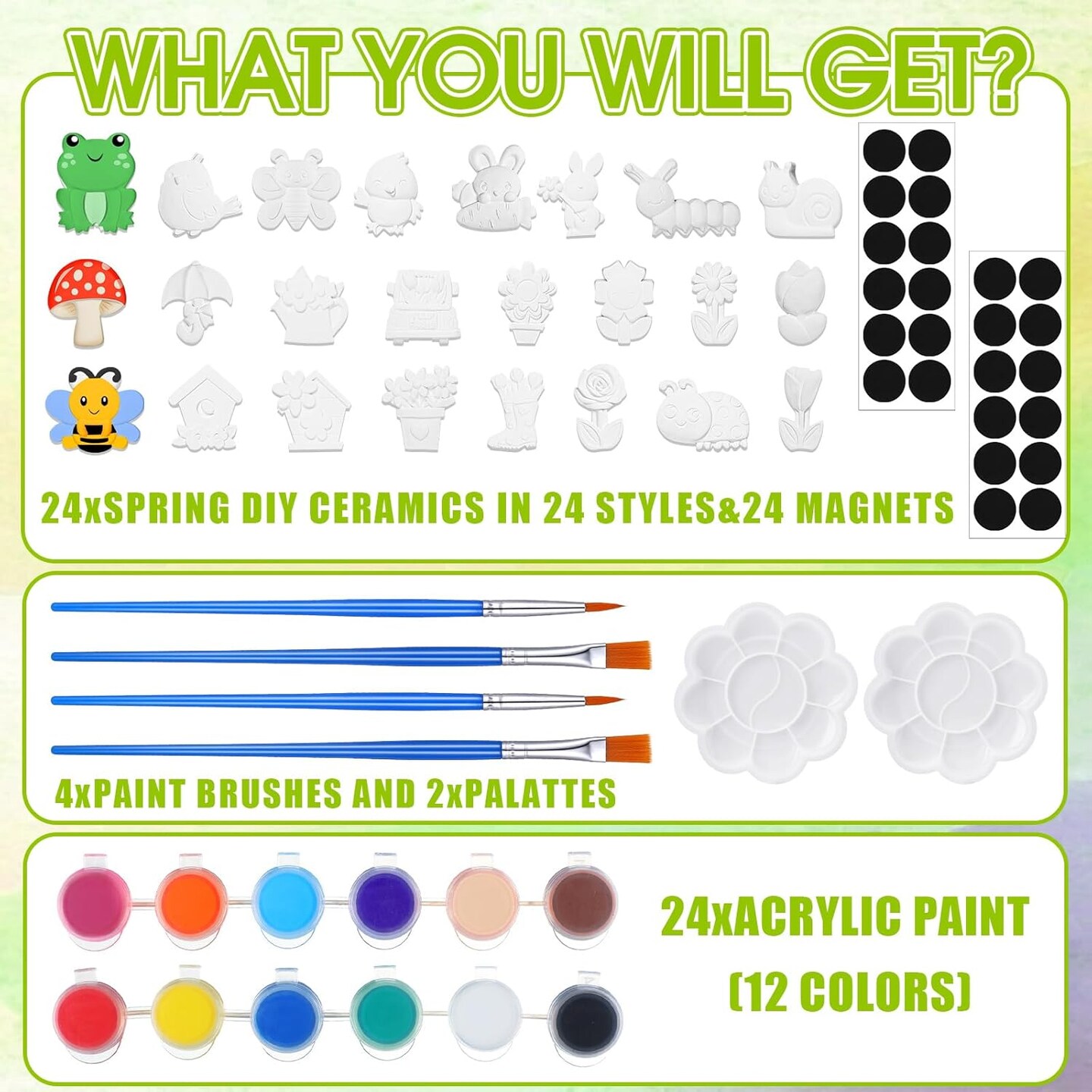 24 Set DIY Spring Garden Ceramic Crafts Kit Paint Your Own Figurines Ready to Paint Bisque Figurines Crafts Arts with 24 Magnets 4 Brushes and 2 Palette Ceramic Painting Kit for Adults