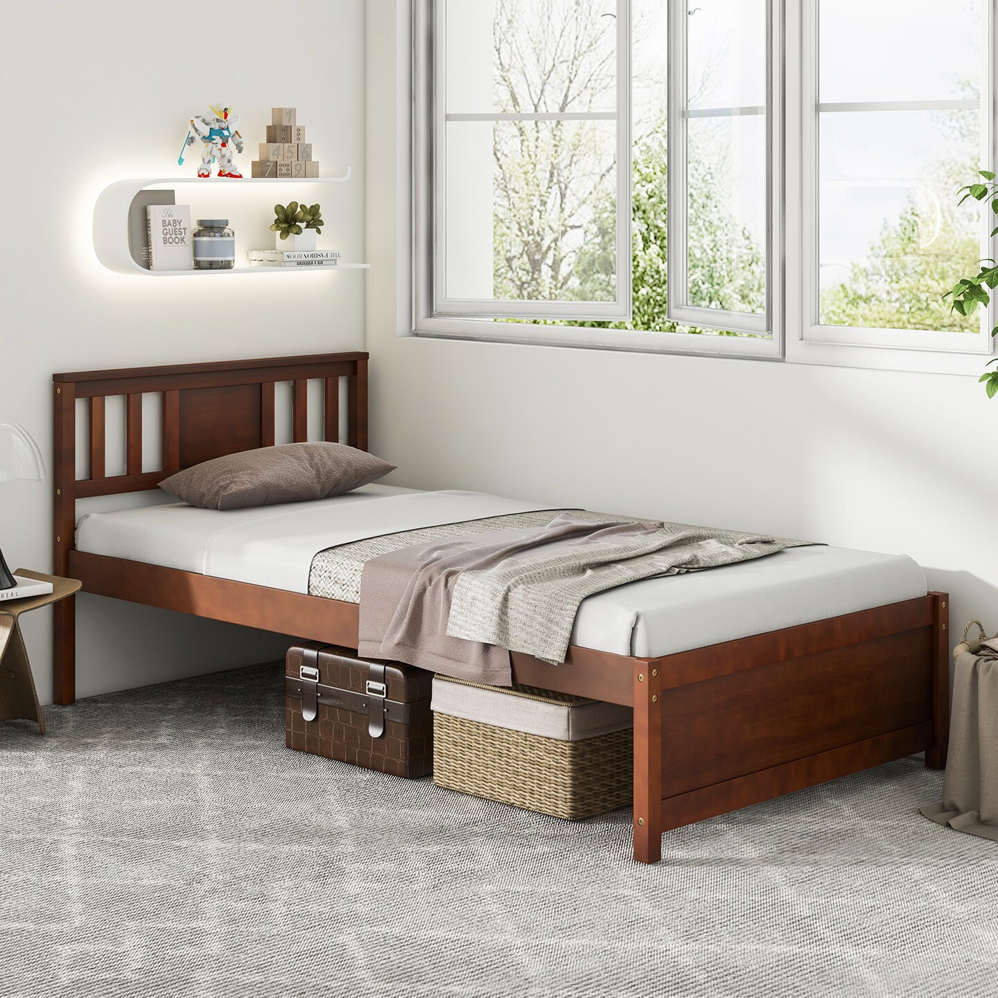 Wooden Platform Bed with Headboard and Slat Support