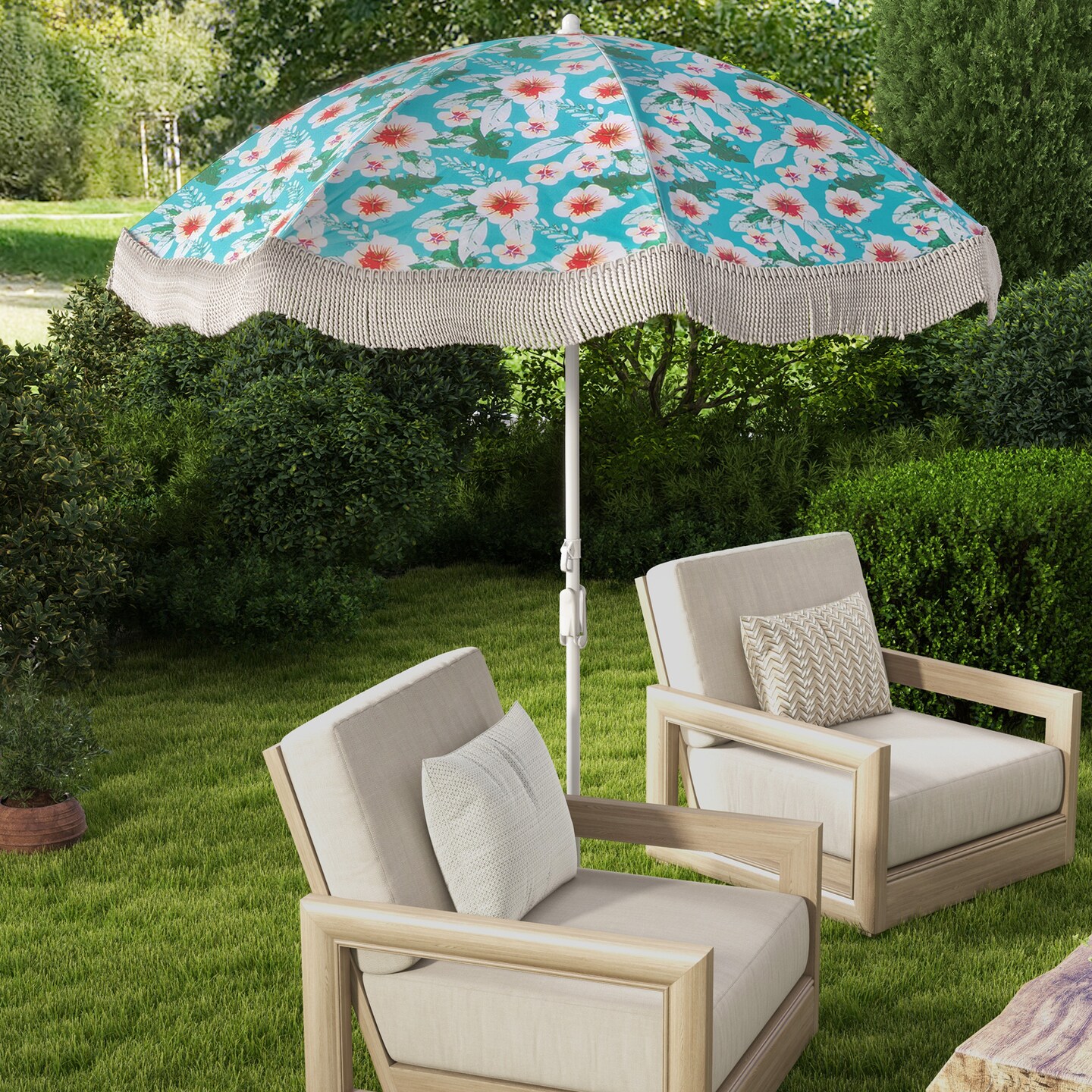 6.5 FT Beach Umbrella with Fringe, Outdoor Tassel Design, Push Button Tilt, UV Protection