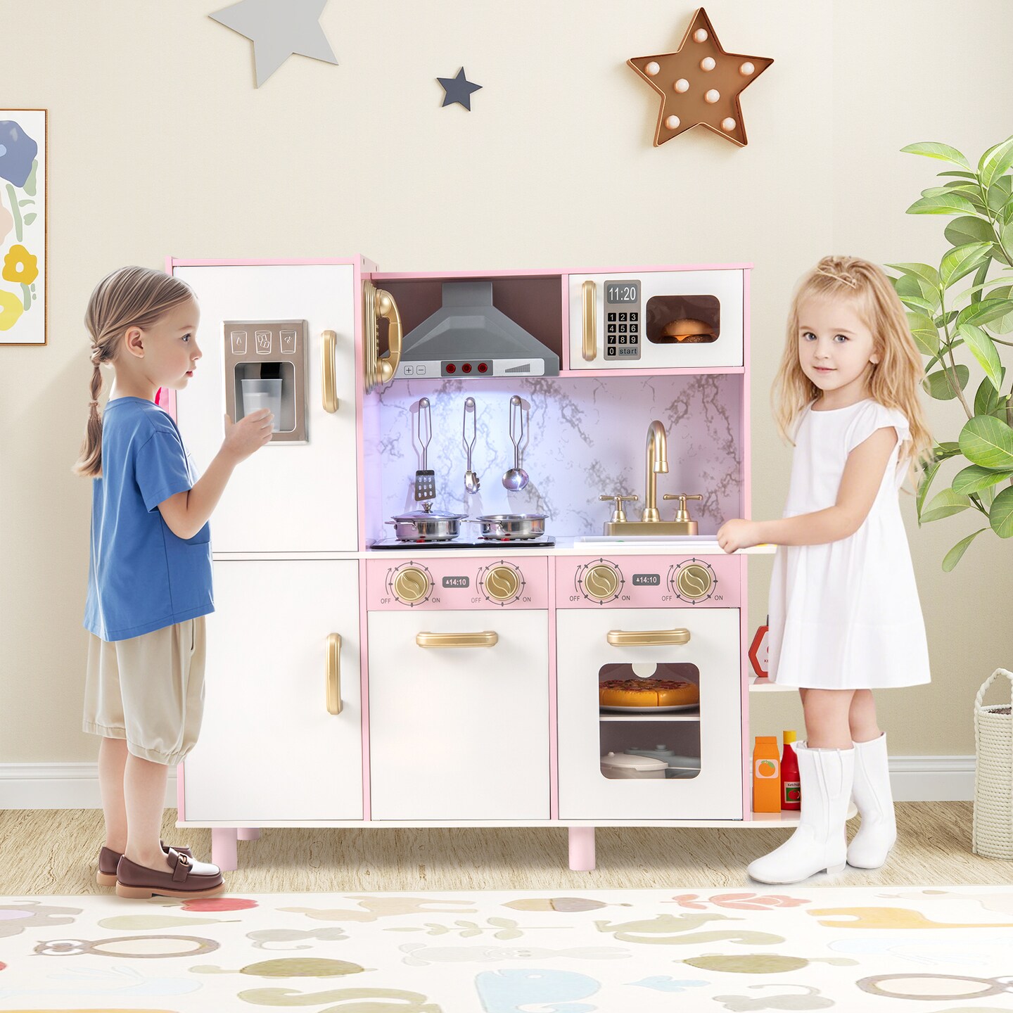 Wooden Kitchen Playset with Ice Maker, Sounds, and Accessories for Ages 3+