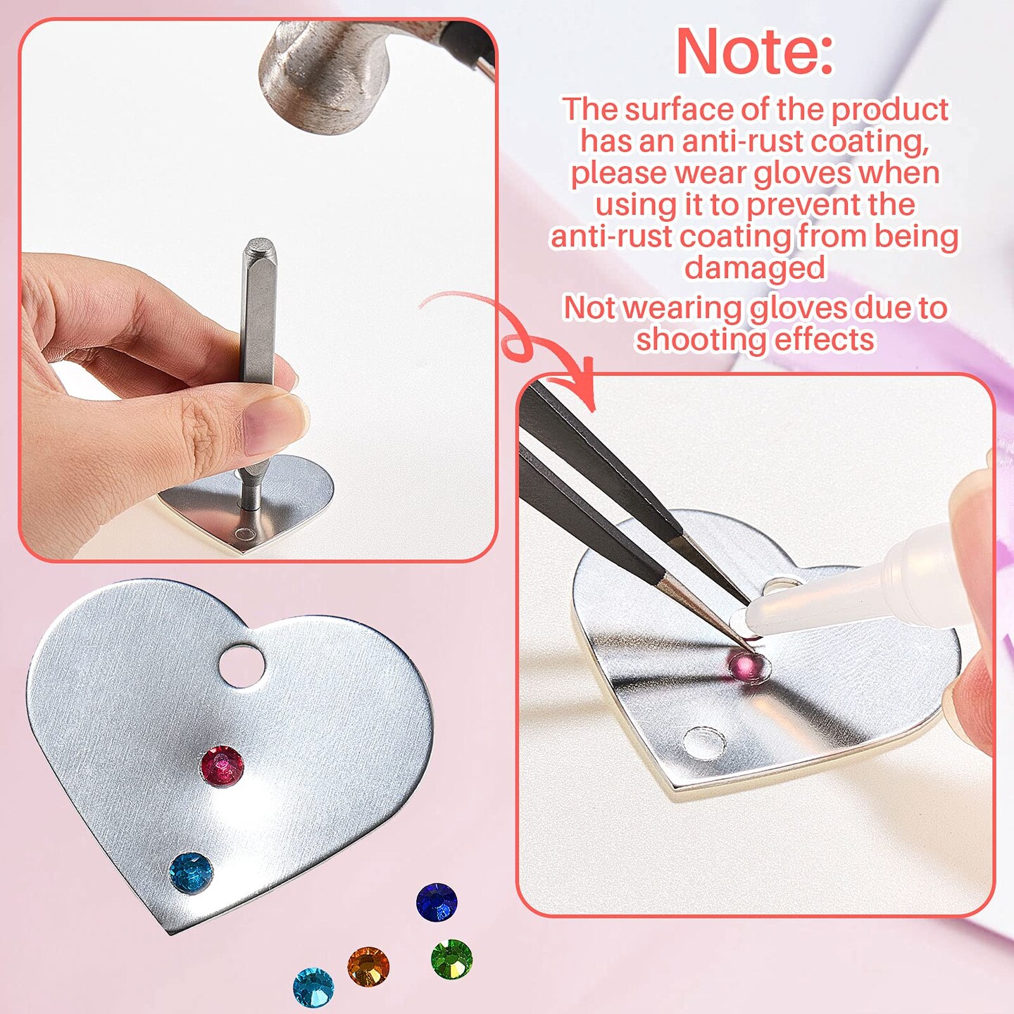 Flat Back Crystals Setter Metal Stamping Punches Kit Includes 3 Pieces Jewelry Metal Stamping Tool for DIY, 1.8 mm, 2.5 mm, 4 mm and 1500 Pieces Multi Colored Rhinestones Crystals