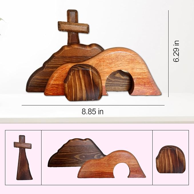 Easter Resurrection Scene Set, Jesus Tomb Easter Tray Set, for Religious Home Office Desktop, Cross Decoration Bundle Kit Sign Tiered Decorations (Wooden)