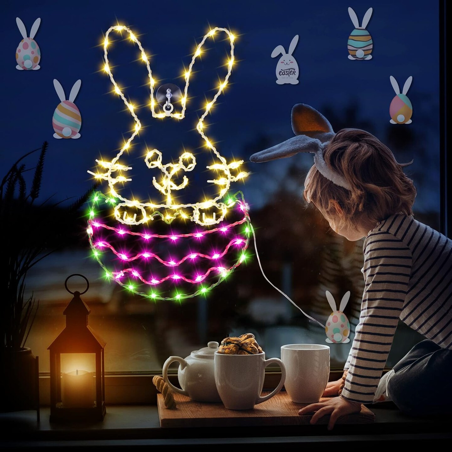 16" Easter Egg Bunny Window Lights, Easter Silhouette Light Decorations with 8 Lighting Modes Remote Control (AAA Battery) for Outdoor Indoor Easter Party, USB Plug Powered Lighting Decor