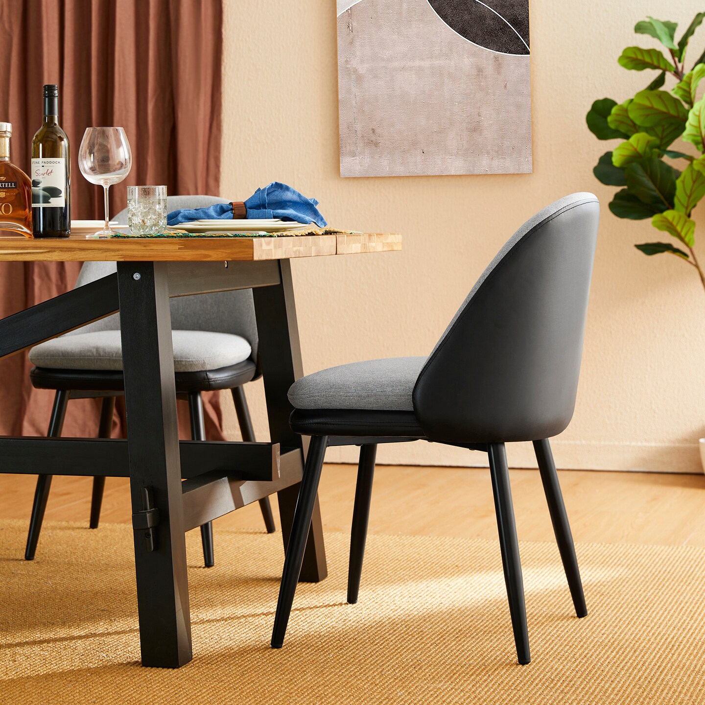 Set of 2/4 Modern Two-tone Color Dining Chair with Metal Black Tapered Legs - Black Leatherette Mixed Grey Fabric