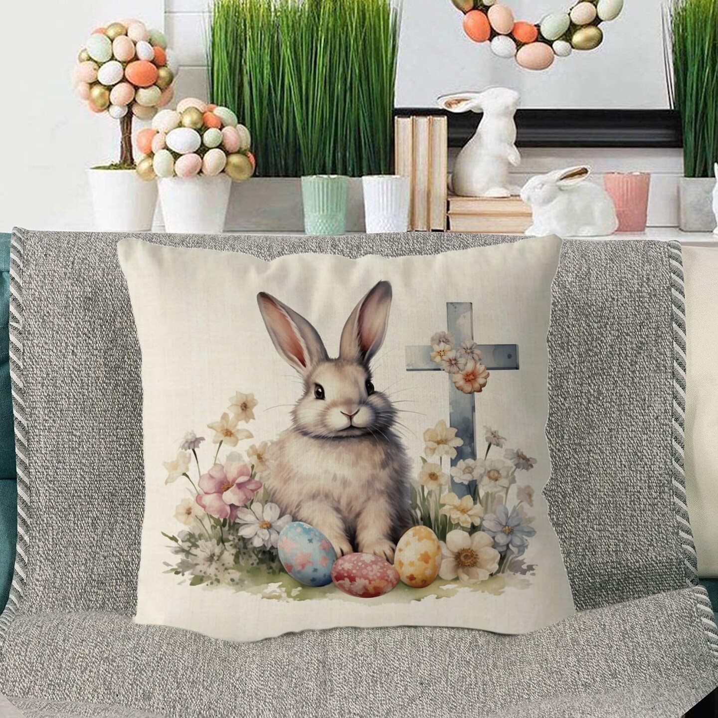 Easter Pillow Covers 18x18 Inch Bunny Eggs Throw Pillowcase Cross Floral Home Sofa Bedroom Cushion Case