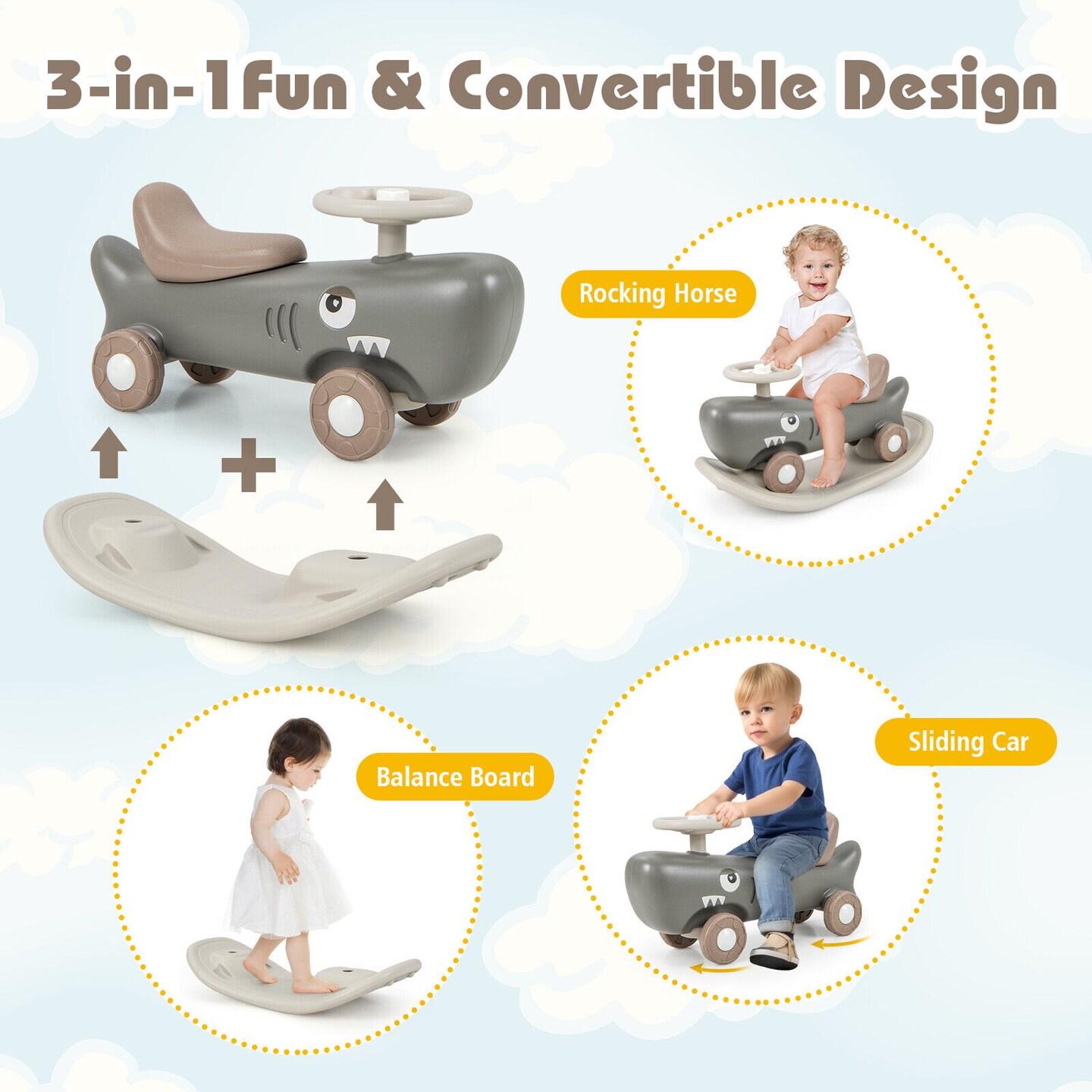 Plastic Convertible Rocking Horse &#x26; Sliding Car with Detachable Balance Board