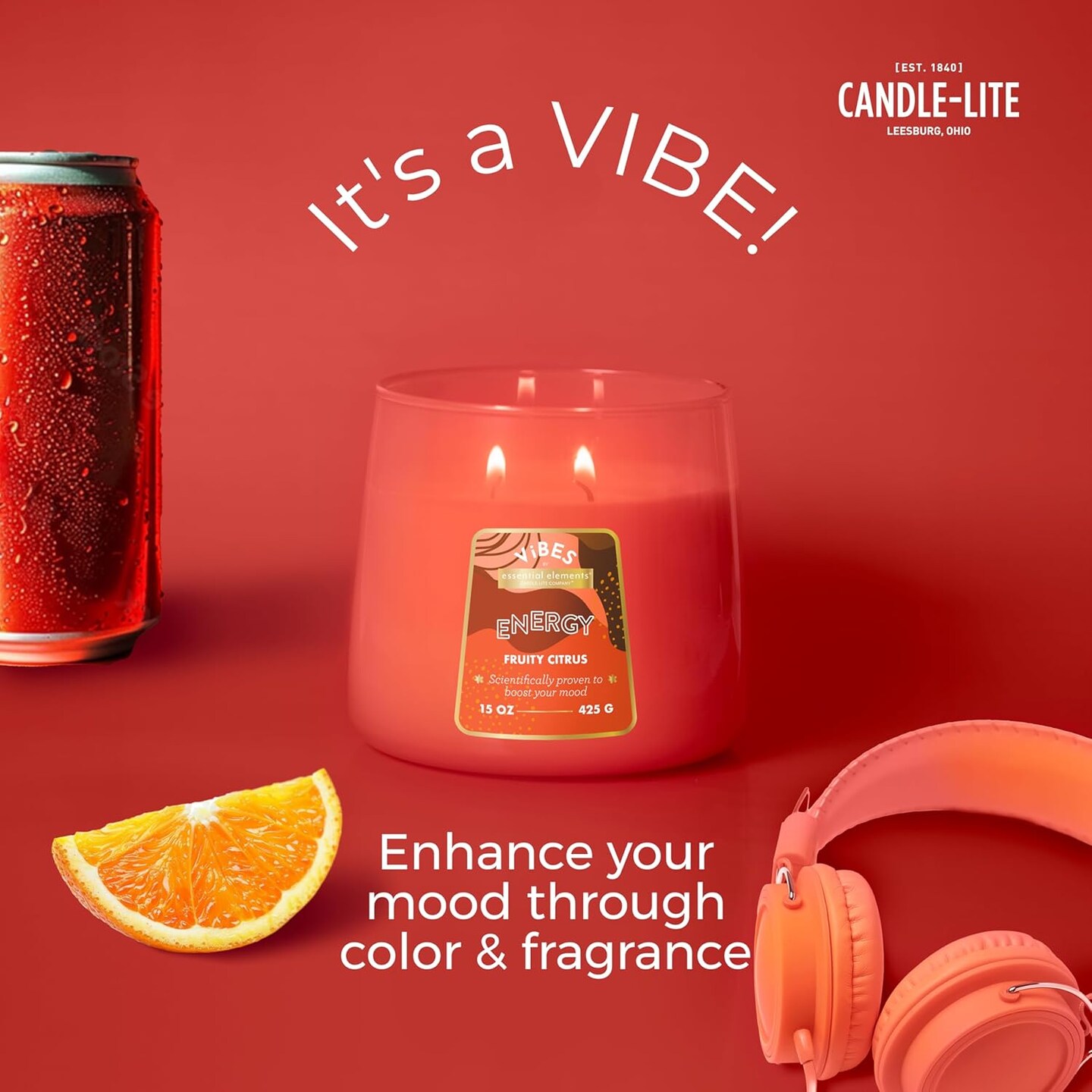 Candle-Lite Vibes Fruity Citrus Scented Candle – 2 Wick Aromatherapy Jar Candle 15oz