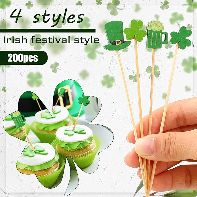 200 Pcs St Patrick's Day Shamrock Cocktail Sticks Irish Green Beer Green Hat Clover Cupcake Toppers Disposable Bamboo Party Picks for Appetizers Cocktail Picks Shamrock Toothpicks for Birthday Party