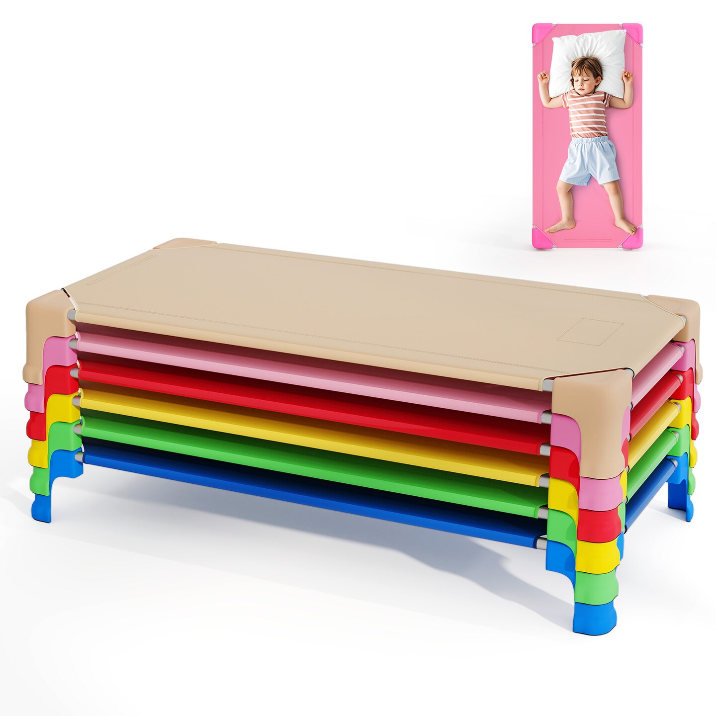 Metal PP Oxford Fabric Stacked Nap Cots for Kids with Easy Setup and Space-Saving Design