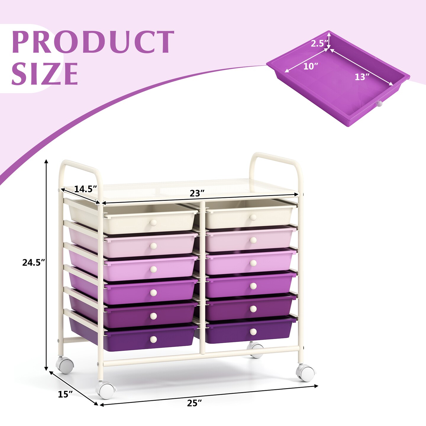 12 Removable Drawers Rolling Storage Cart with 4 Universal Wheels and Metal Frame