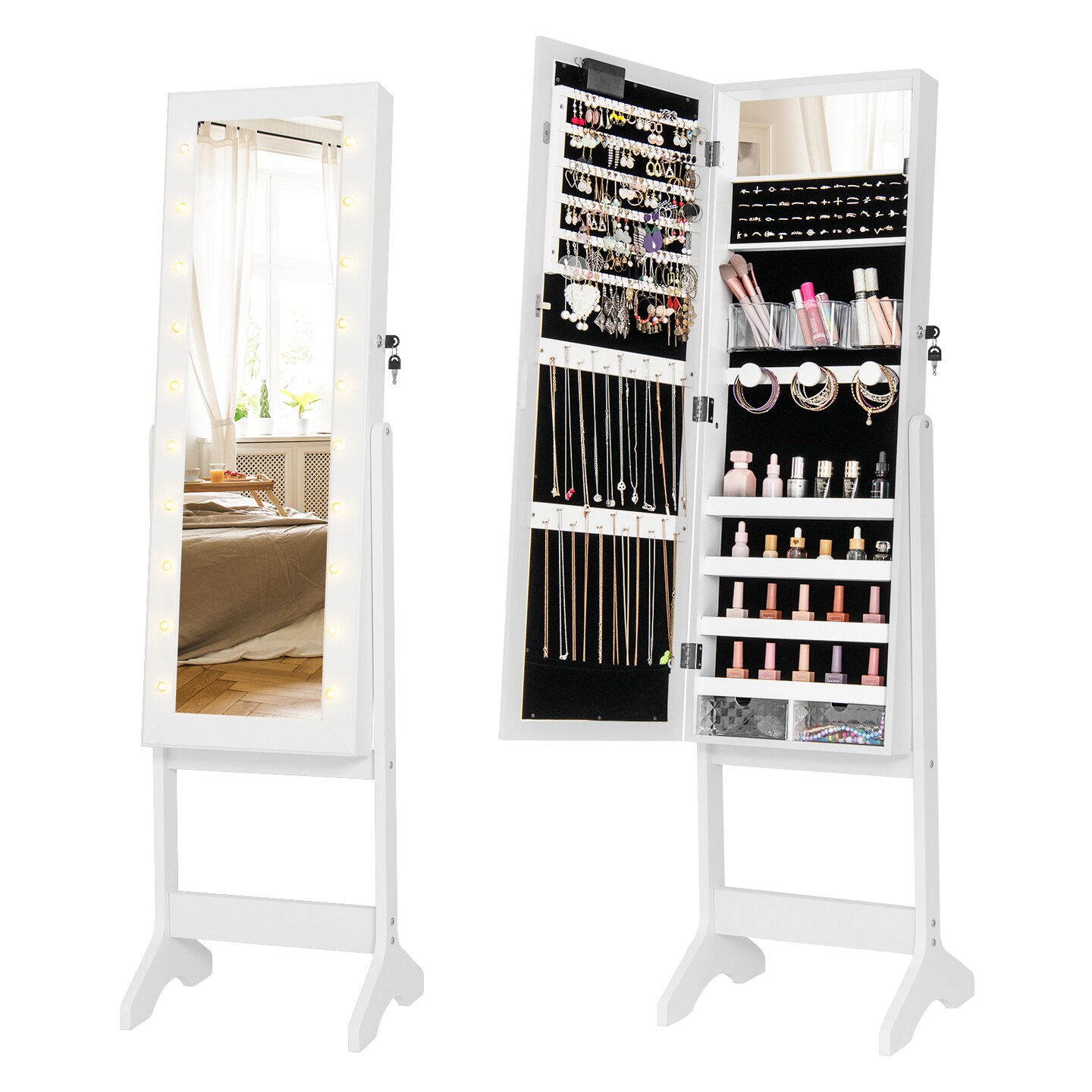 Full Length Mirror Jewelry Cabinet with 20 Warm Lights and 4 Tilt Angles