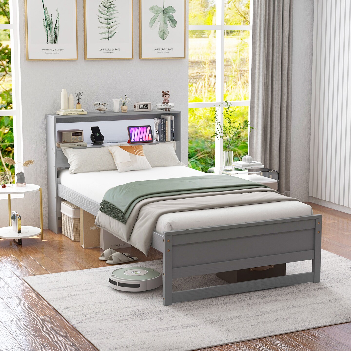 Wooden Twin Bed with Storage Headboard Charging Station LED Light and Under-bed Storage