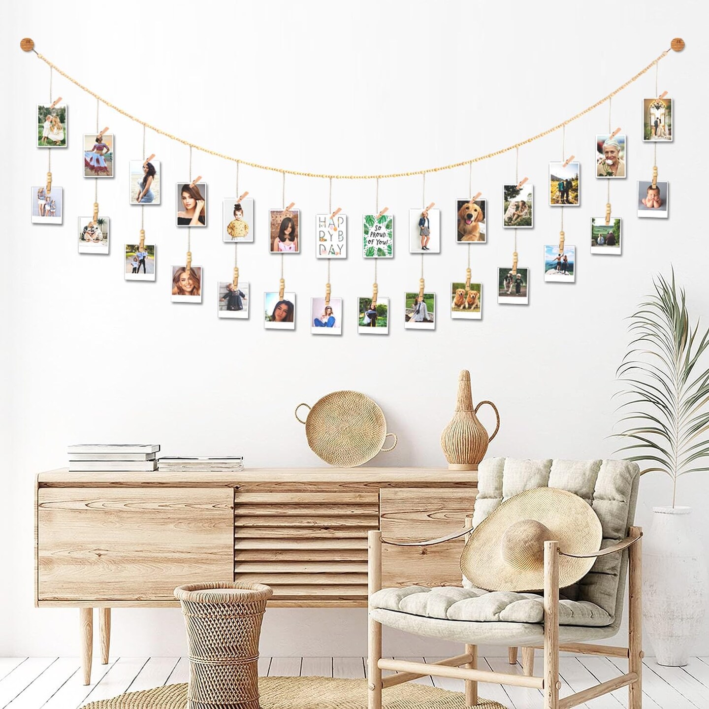 Wooden Beads Garland with Clothespins Picture Cards Holder - Country Farmhouse Christmas Nursery Boho Holiday Decorations with Clips