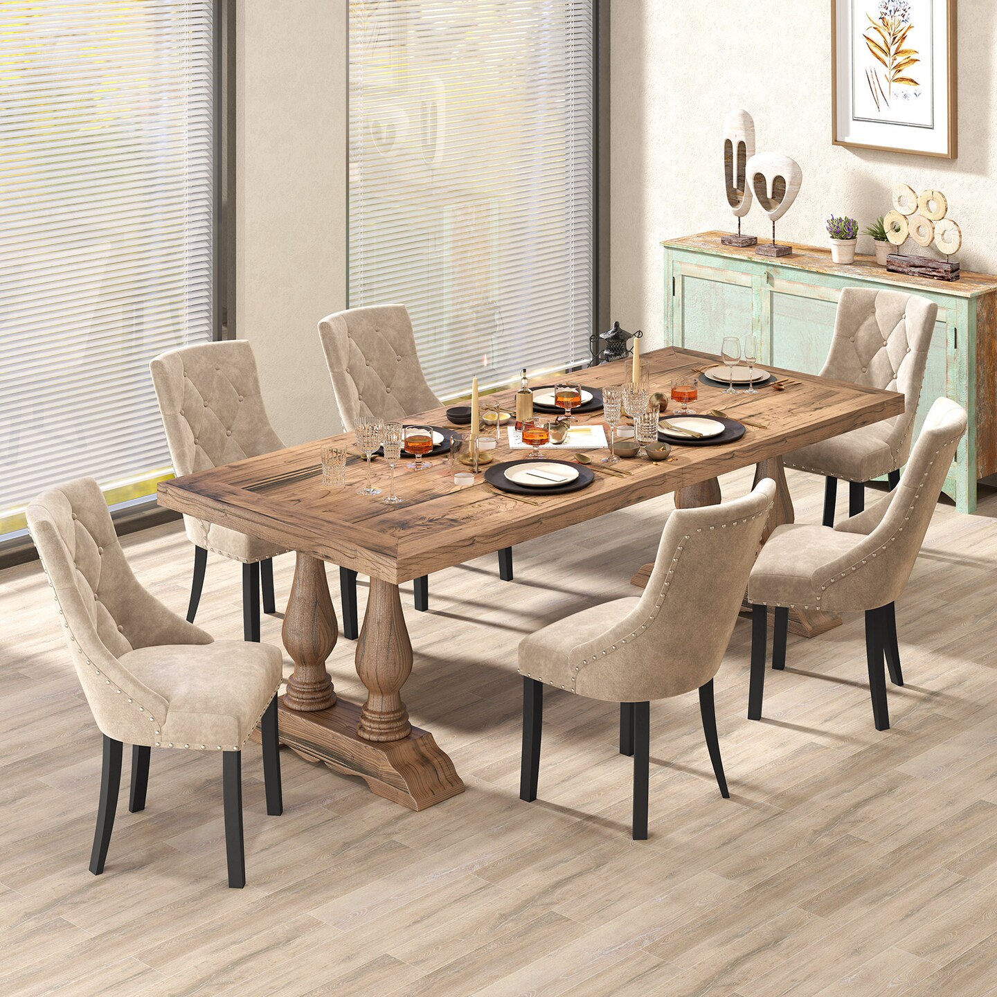 Tufted Wingback Upholstered Dining Chairs Set of 2-Light Brown