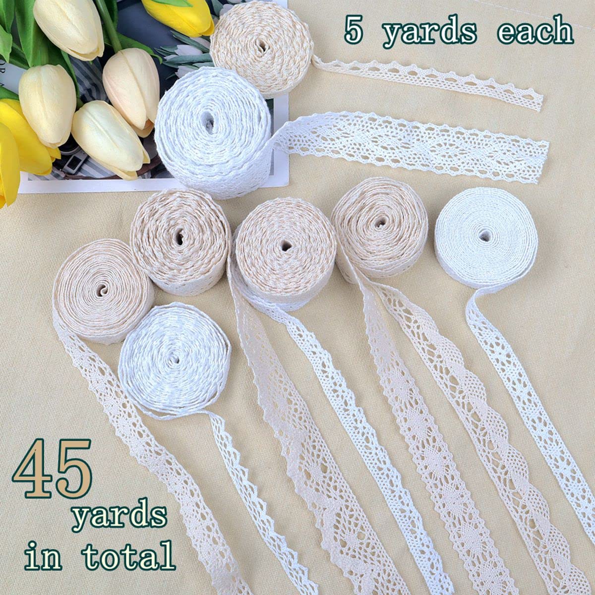 Ribbon Lace 45 Yards Vintage Ribbon Cotton Lace Ribbon Craft Lace Crochet Sewing Lace for Gift Package Wrapping, Bridal Wedding Decoration, Scrapbooking Supplies (Beige+White)