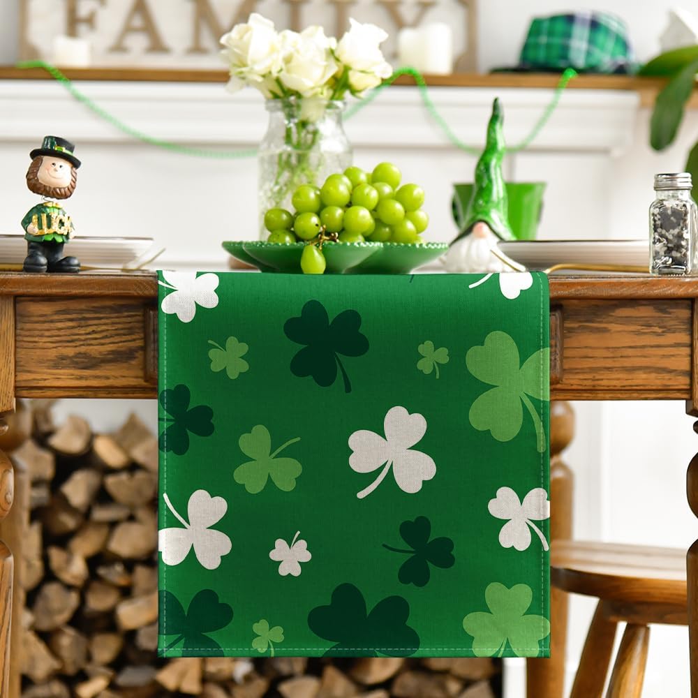Green Shamrock St. Patrick's Day Table Runner, Seasonal Spring Kitchen Dining Table Decoration for Home Party Decor 13x72 Inch