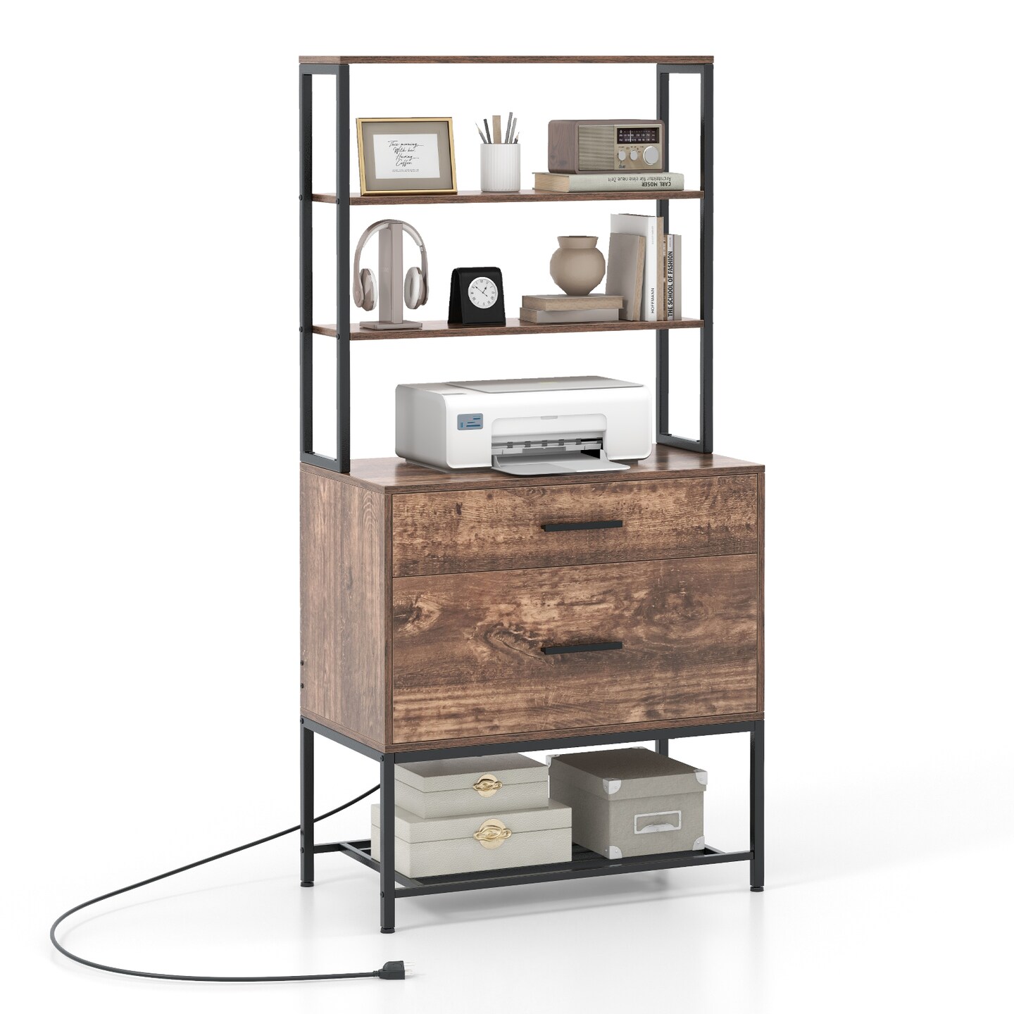 Rustic Brown Freestanding File Cabinet with Charging Station and 3-Tier Open Shelves