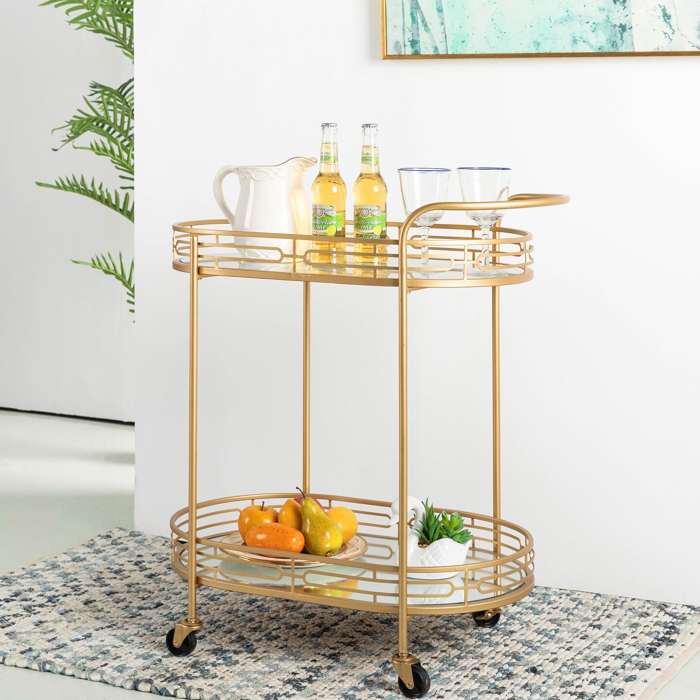 30.75&#x22;H Deluxe 2-Tier Metal Oval Mirrored Bar Cart -Golden