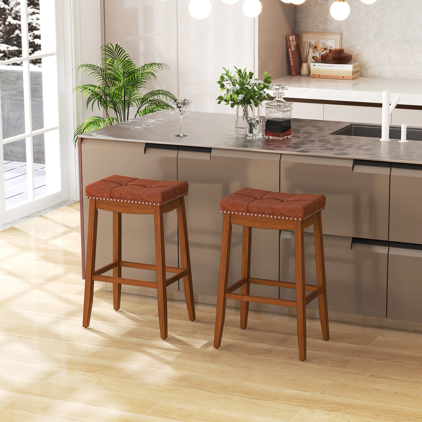 PU Leather Saddle Seat Bar Stools Set of 2, 25/29 Inch Upholstered Counter Height Chairs