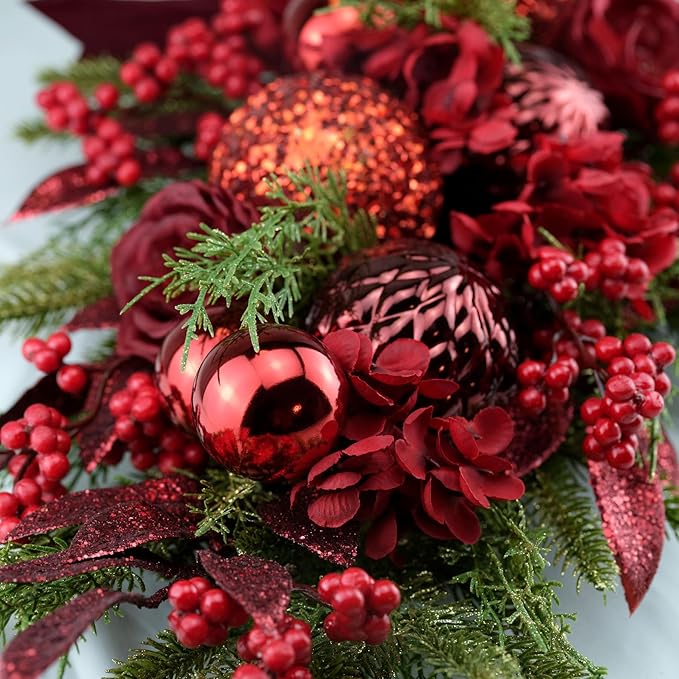 24&#x22; Decorative Teardrop Swag, Artificial Christmas Swag with Red Hydrangea &#x26; Baubles, Purple Bowknot, Red Berries, Sparkling Leaves, Pine Needles (Red Hydrangea)
