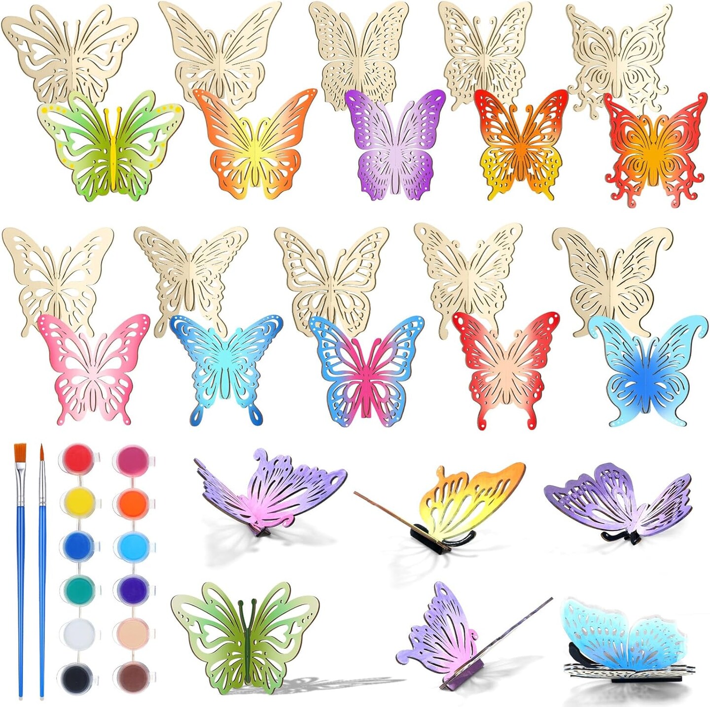 20 Pcs DIY 3D Spring Butterfly Wood Crafts Unfinished Wooden Butterfly Slices Cutouts Wood Crafts Butterflies Cutouts for Painting for Spring Party Home Decoration