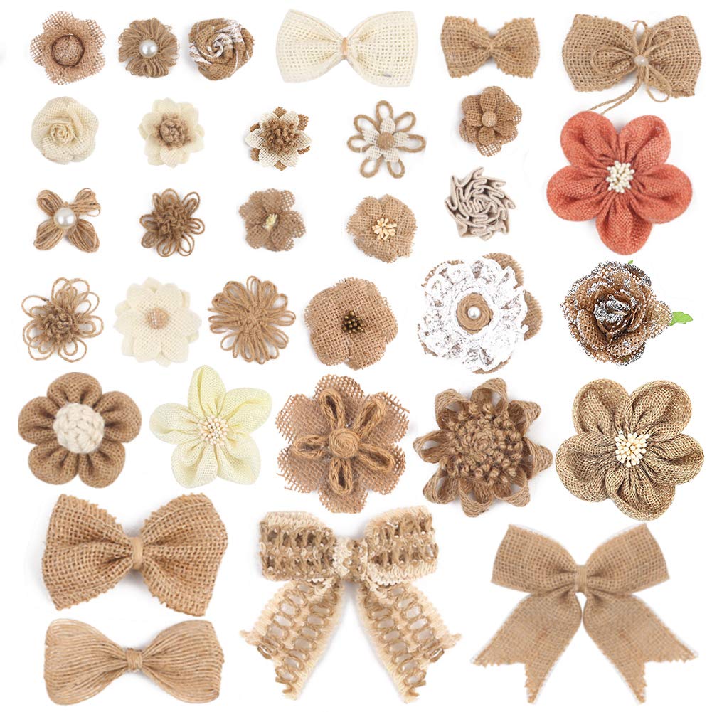 VGOODALL 32 PCS Natural Burlap Flowers Set, Burlap Bows and Scrapbook Embellishments for Wedding Party Decor Home, Embellishments for Crafts