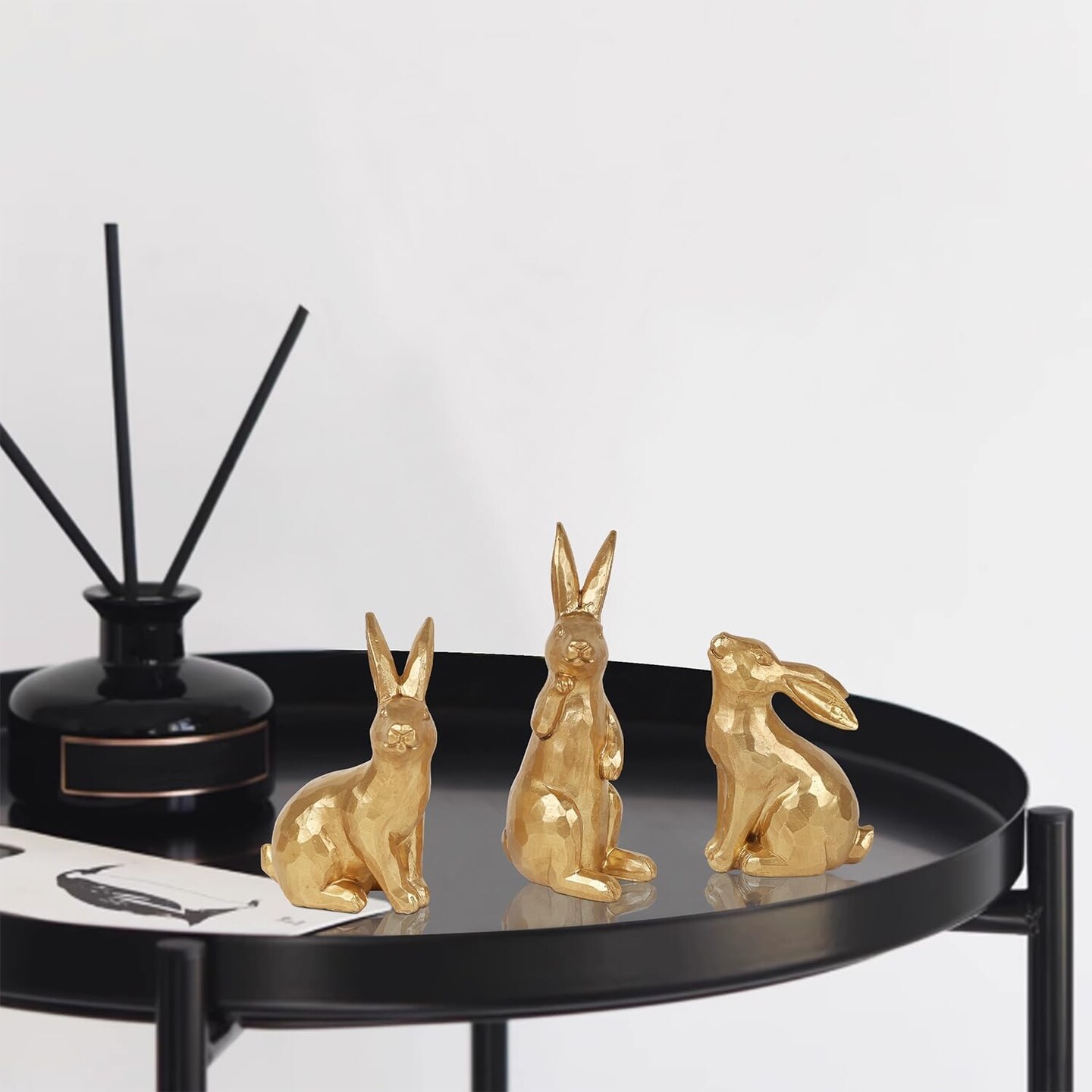 3 Pack Easter Bunny Figurines Decor, Mini Resin Golden Bunnies Spring Sculpture Tabletop Ornament