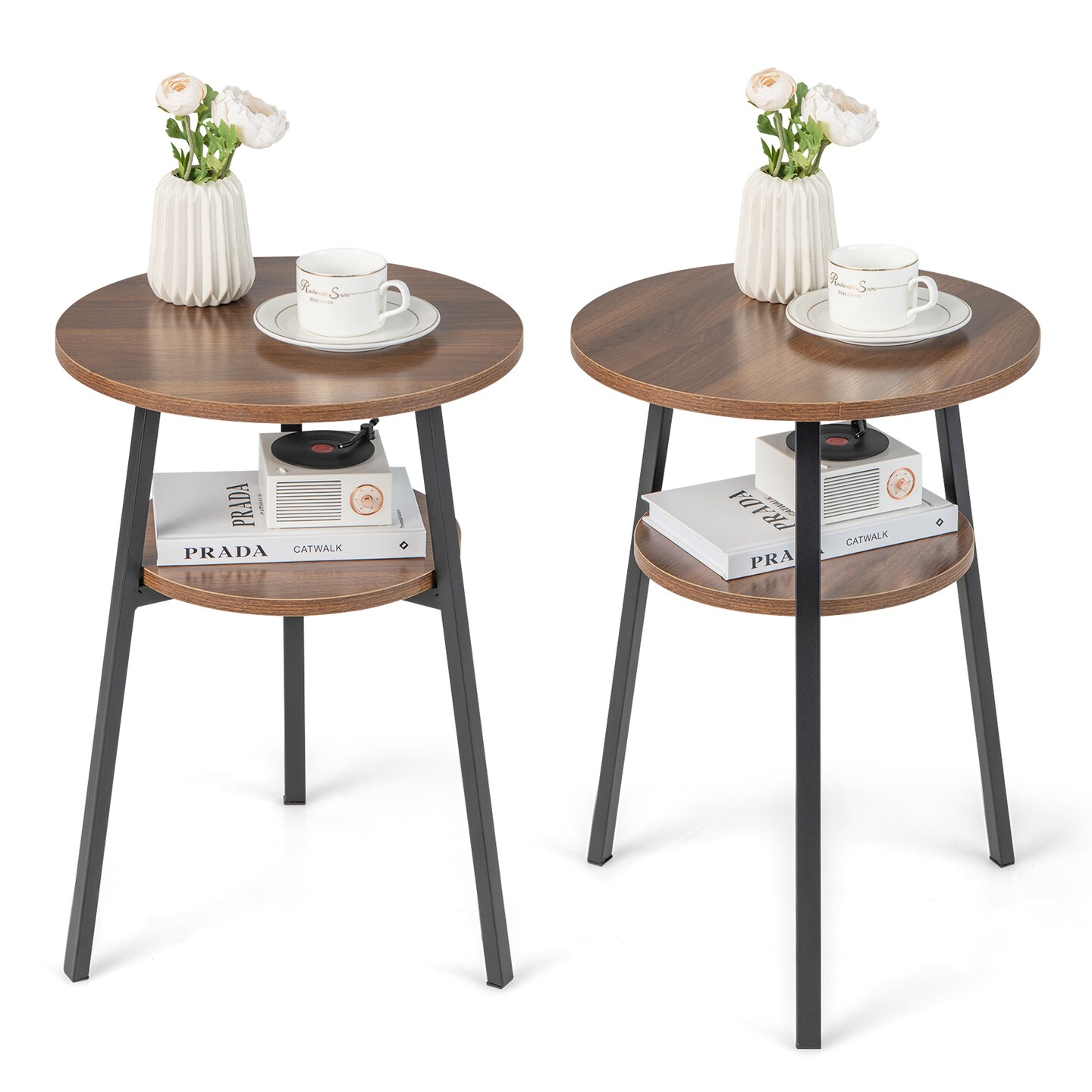 Wood 2-Tier Round End Table Set of 2 with Open Shelf & Triangular Metal Frame-Walnut