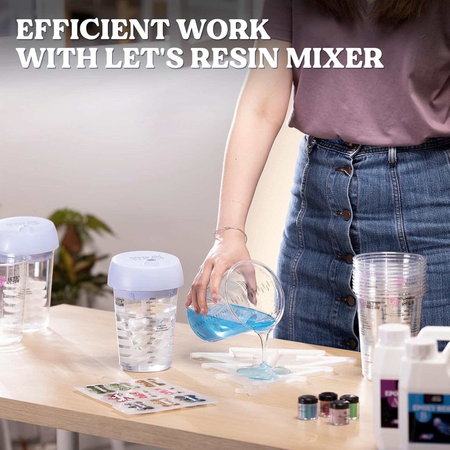 LET&#x27;S RESIN Auto Resin Mixer, Hands-Free Easy Clean Epoxy Mixer, Electric Stirrer for 24Fl.oz Mixing, Resin Supplies for Resin Casting, Molds, Soap Making(10pcs 32oz Mixing Cups) Blue
