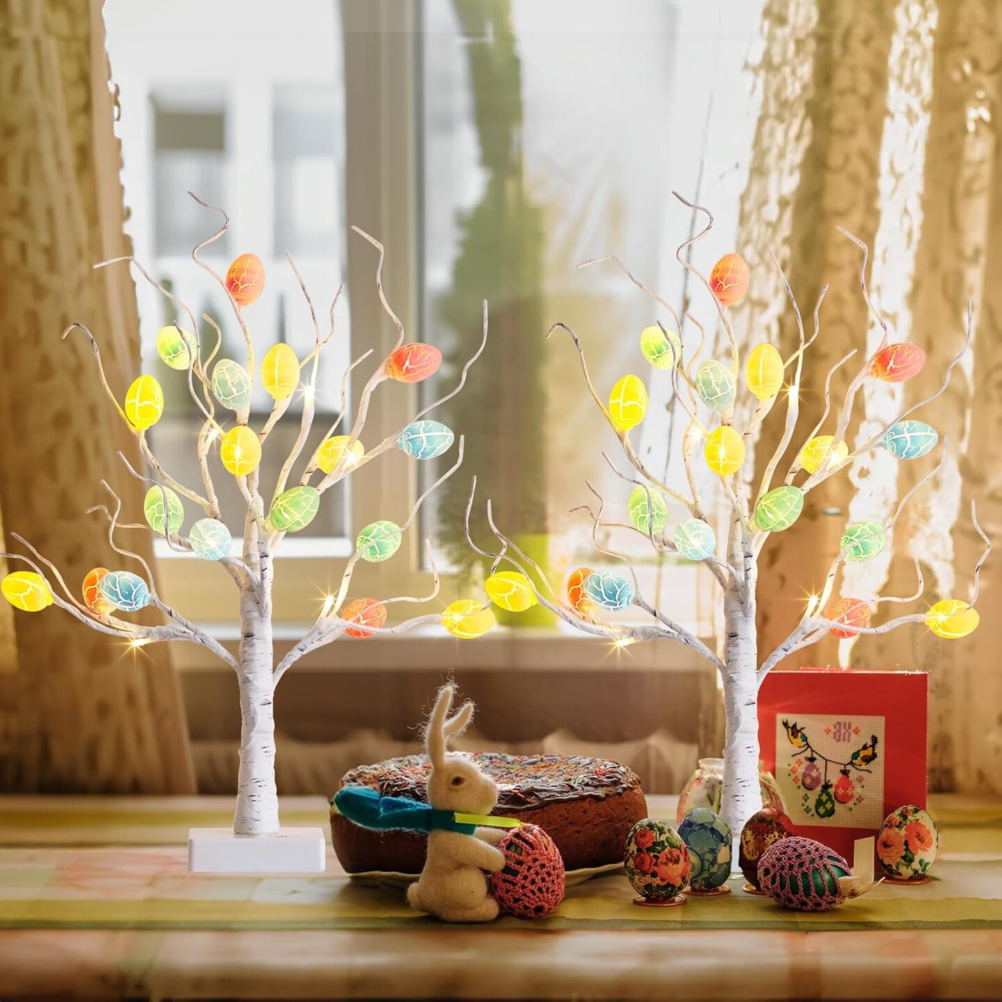 Easter Decorations, 22&#x22; Easter Tree Lighted Tabletop with 36 Cracked Egg, Easter Egg Tree for Spring Decoration, 2PK Pre-lit White Birch Tree for Indoor Home Decor, USB and Battery Powered