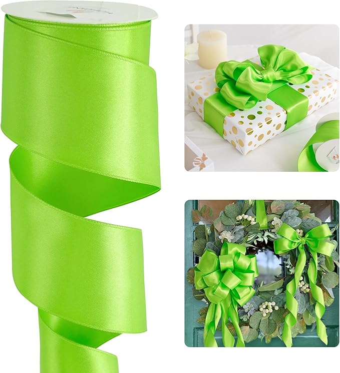 Lime Green Wired Ribbon 2.5 inch Green Satin Wire Ribbon for Wreaths, Bows Making, Flower Bouquet, Garland, Home Decor, Crafts, Halloween Decor, Christmas Tree Bows-10 Yards