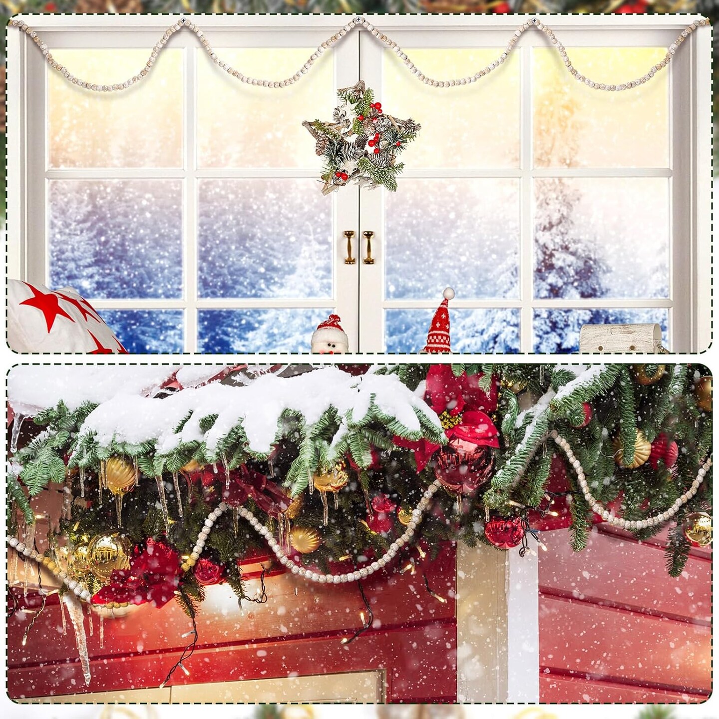16 Feet Christmas Wood Bead Garland Wooden Bead Garland for Christmas Tree Holiday Decoration (Retro White)
