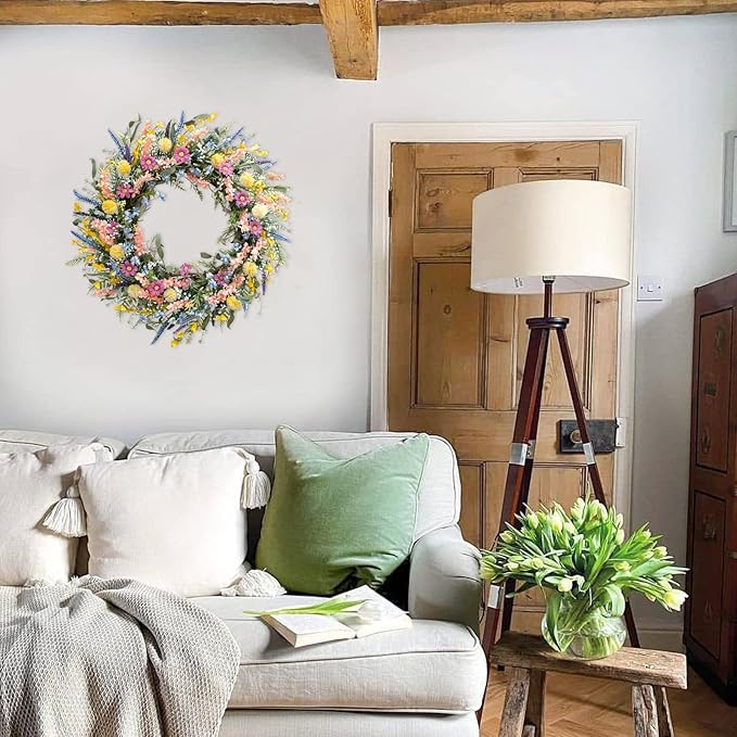 24 Inch Spring Summer Colorful Flower Wreath for Front Door, Forsythia Lavender Wild Flowers Wreath for Home Decor, Colorful Wild Flowers with Green Leaves Wreath for Everyday